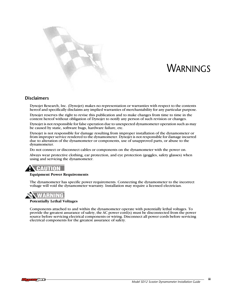 Warnings, Arnings | Dynojet Scooter Dyno SD-12 Manual User Manual | Page 5 / 44