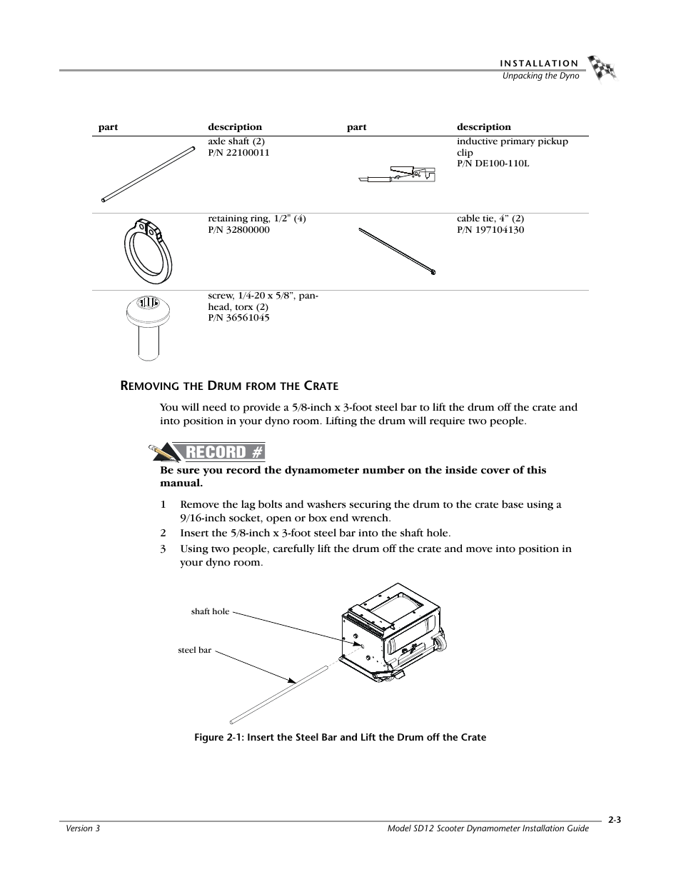 Removing the drum from the crate, Record | Dynojet Scooter Dyno SD-12 Installation Guide User Manual | Page 19 / 44