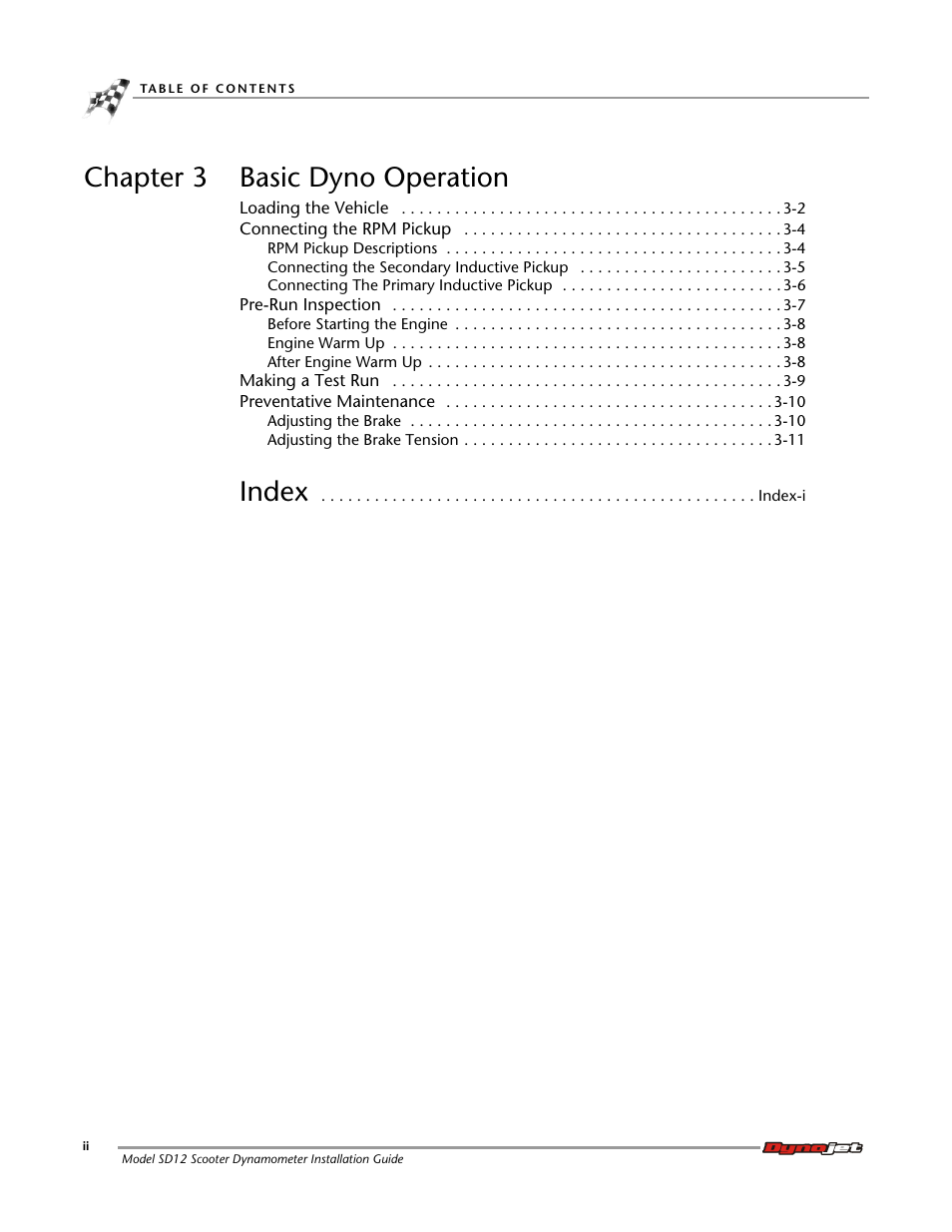 Chapter 3 basic dyno operation, Index | Dynojet Scooter Dyno SD-12 Installation Guide User Manual | Page 4 / 44