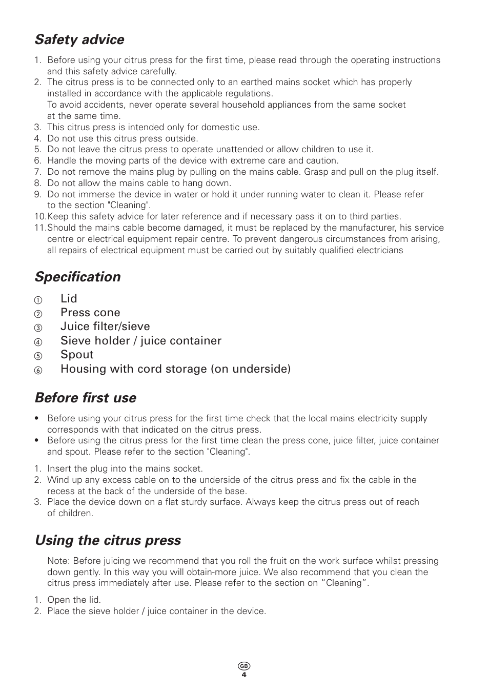 Safety advice, Specification, Before first use | Using the citrus press | Bifinett KH 85 User Manual | Page 4 / 8