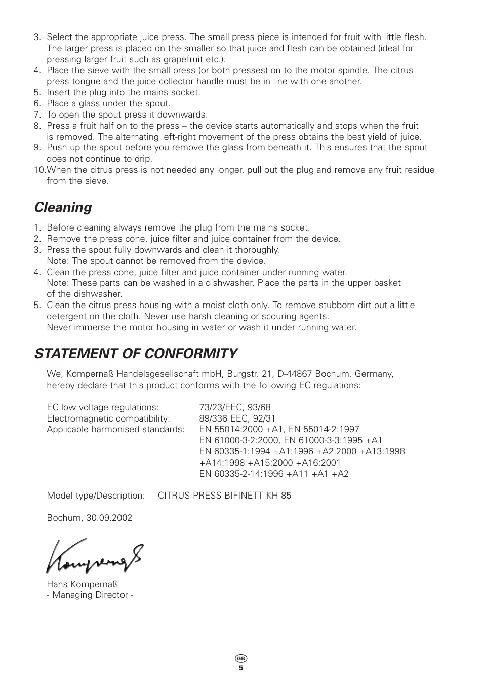 Cleaning, Statement of conformity | Bifinett KH 85 User Manual | Page 5 / 8