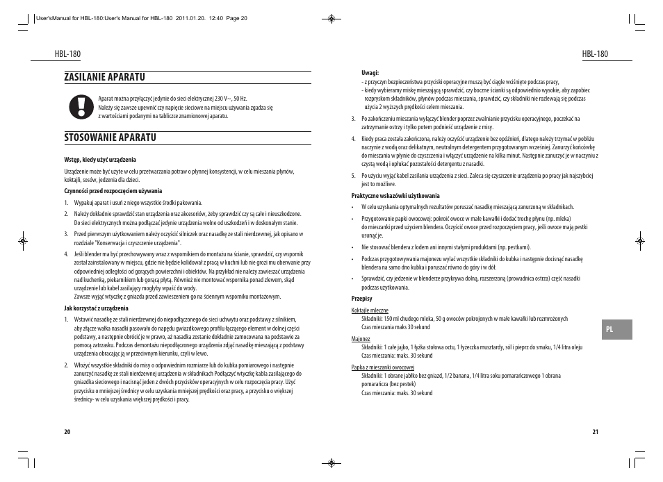 Zasilanie aparatu, Stosowanie aparatu, Hbl-180 | Dyras HBL-180 User Manual | Page 11 / 29