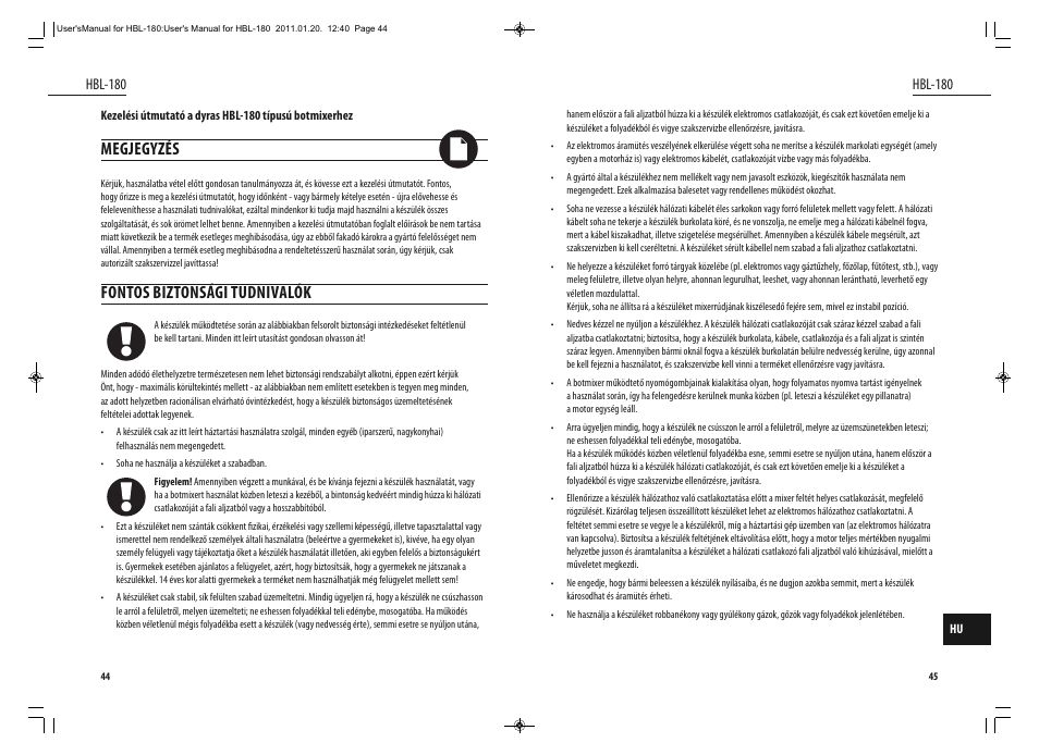 Megjegyzés, Fontos biztonsági tudnivalók, Hbl-180 | Dyras HBL-180 User Manual | Page 23 / 29