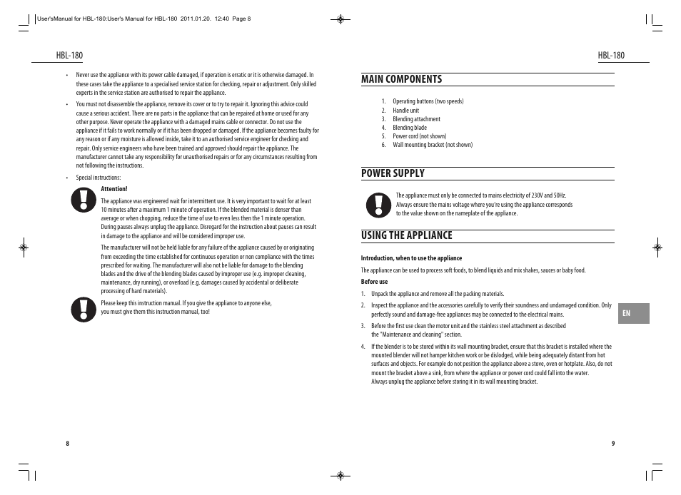 Main components, Power supply, Using the appliance | Dyras HBL-180 User Manual | Page 5 / 29
