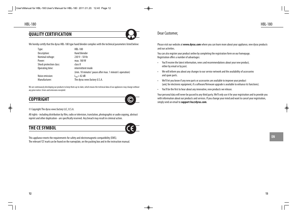 Quality certification, Copyright, The ce symbol | Dyras HBL-180 User Manual | Page 7 / 29
