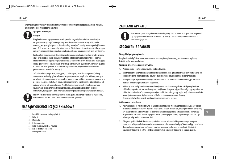 Narządy obsługi i części składowe, Zasilanie aparatu, Stosowanie aparatu | Dyras HBLS-21 User Manual | Page 10 / 29