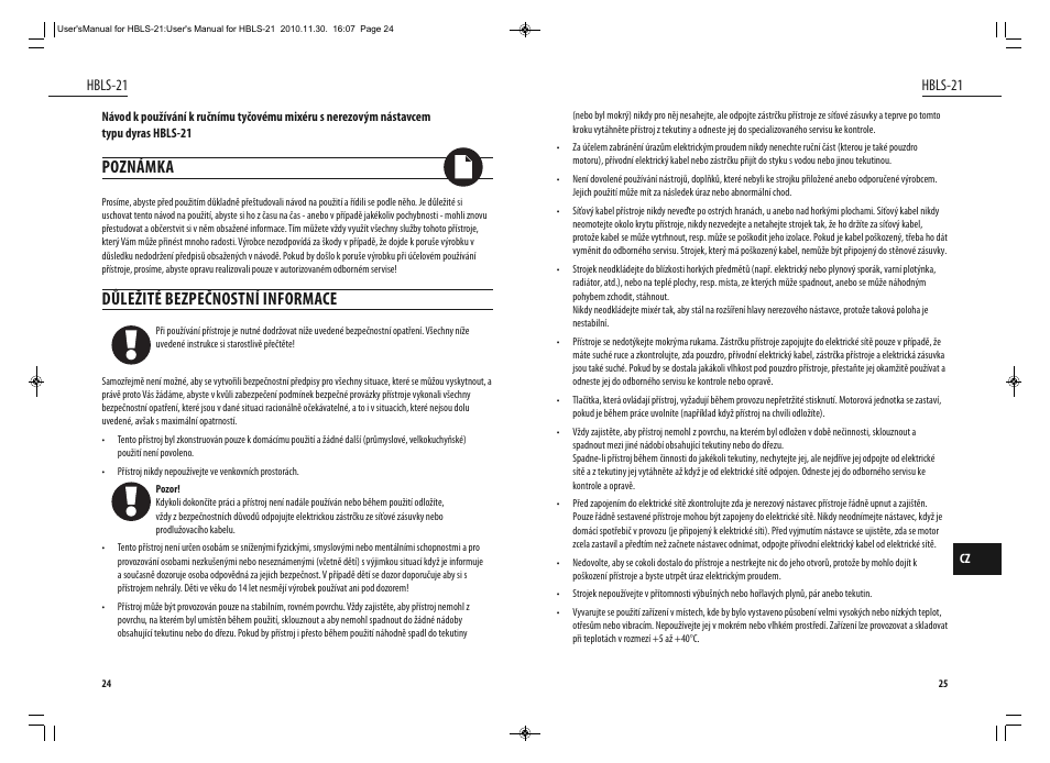 Poznámka, Důležité bezpečnostní informace, Hbls-21 | Dyras HBLS-21 User Manual | Page 13 / 29