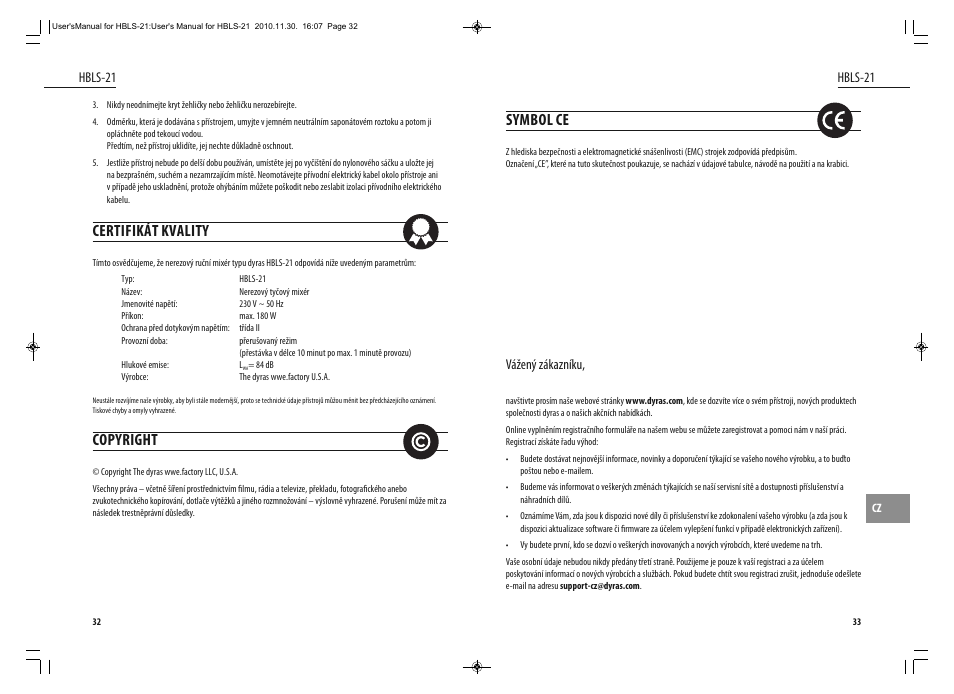 Certifikát kvality, Copyright, Symbol ce | Hbls-21, Vážený zákazníku | Dyras HBLS-21 User Manual | Page 17 / 29