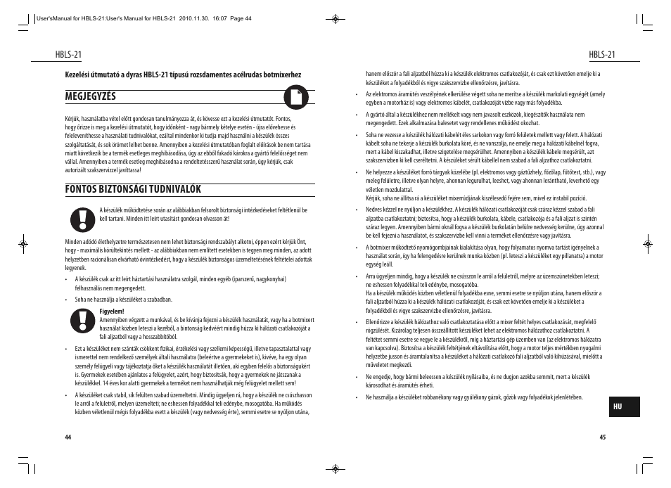 Megjegyzés, Fontos biztonsági tudnivalók, Hbls-21 | Dyras HBLS-21 User Manual | Page 23 / 29