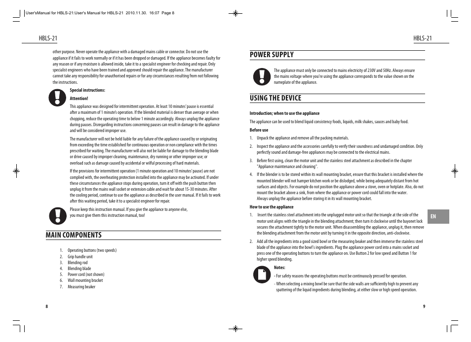 Power supply, Using the device, Main components | Dyras HBLS-21 User Manual | Page 5 / 29