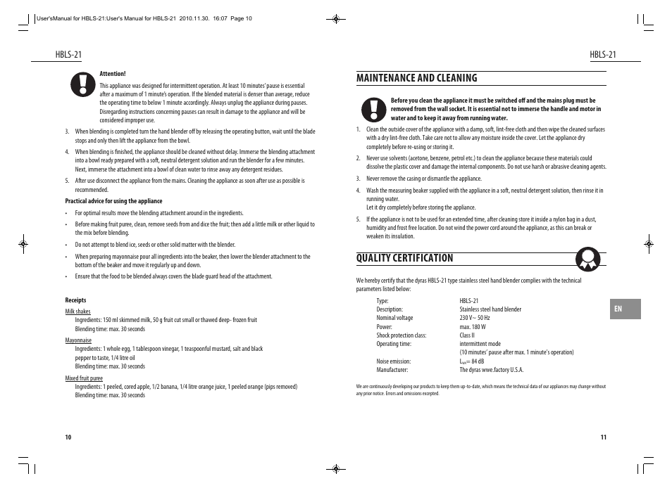 Maintenance and cleaning, Quality certification, Hbls-21 | Dyras HBLS-21 User Manual | Page 6 / 29