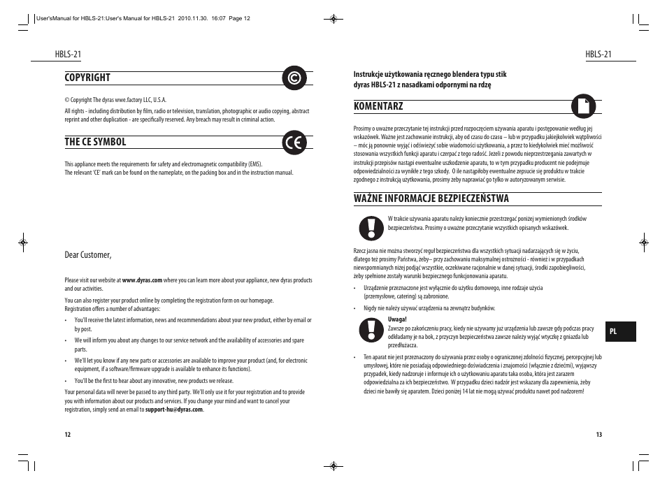 Komentarz, Ważne informacje bezpieczeństwa, Copyright | The ce symbol | Dyras HBLS-21 User Manual | Page 7 / 29