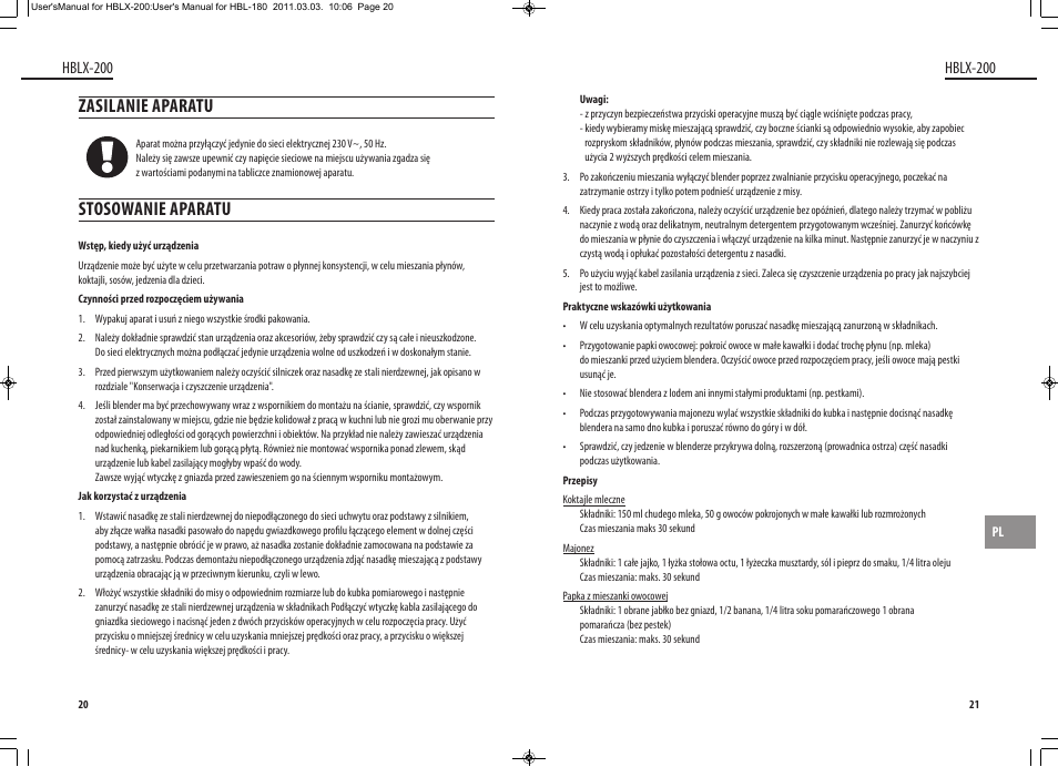 Zasilanie aparatu, Stosowanie aparatu, Hblx-200 | Dyras HBLX-200 User Manual | Page 11 / 29