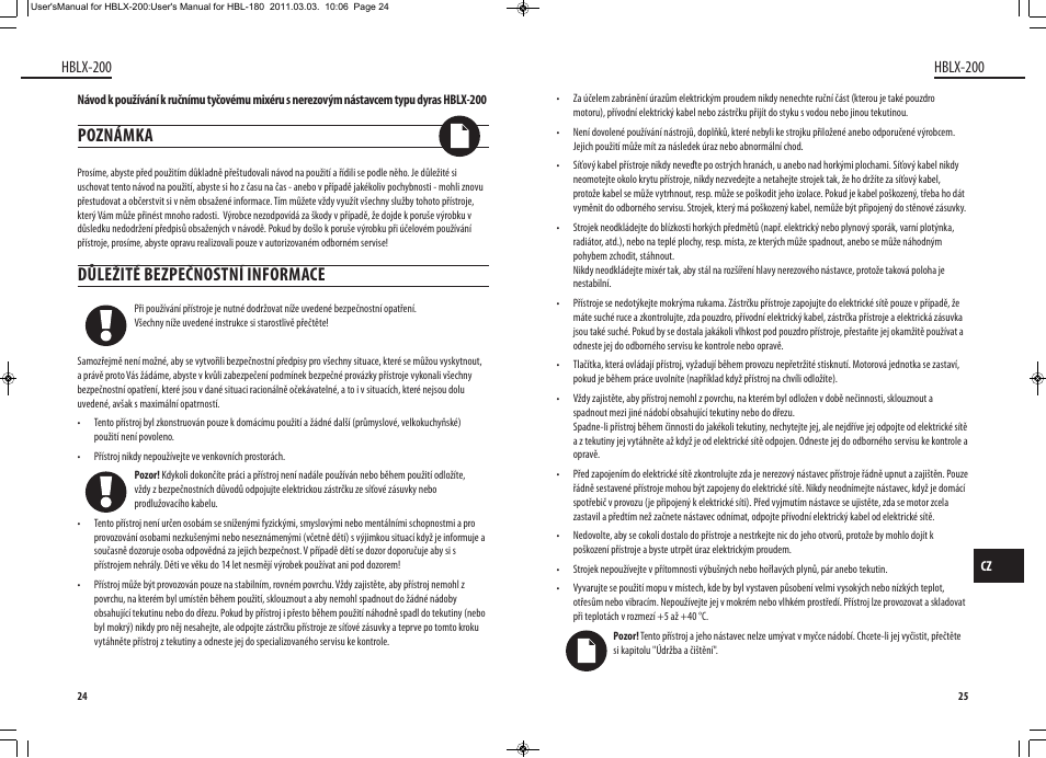 Poznámka, Důležité bezpečnostní informace, Hblx-200 | Dyras HBLX-200 User Manual | Page 13 / 29
