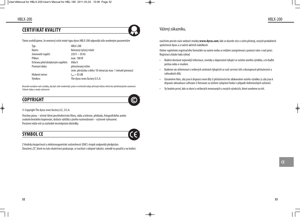 Certifikát kvality, Copyright, Symbol ce | Hblx-200, Vážený zákazníku | Dyras HBLX-200 User Manual | Page 17 / 29