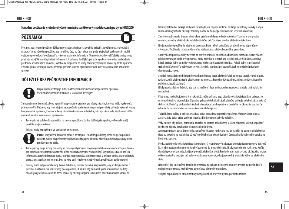 Poznámka, Dôležité bezpečnostné informácie, Hblx-200 | Dyras HBLX-200 User Manual | Page 18 / 29