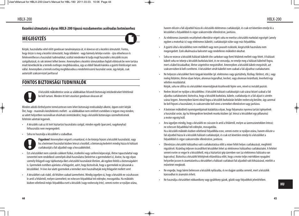 Megjegyzés, Fontos biztonsági tudnivalók, Hblx-200 | Dyras HBLX-200 User Manual | Page 23 / 29