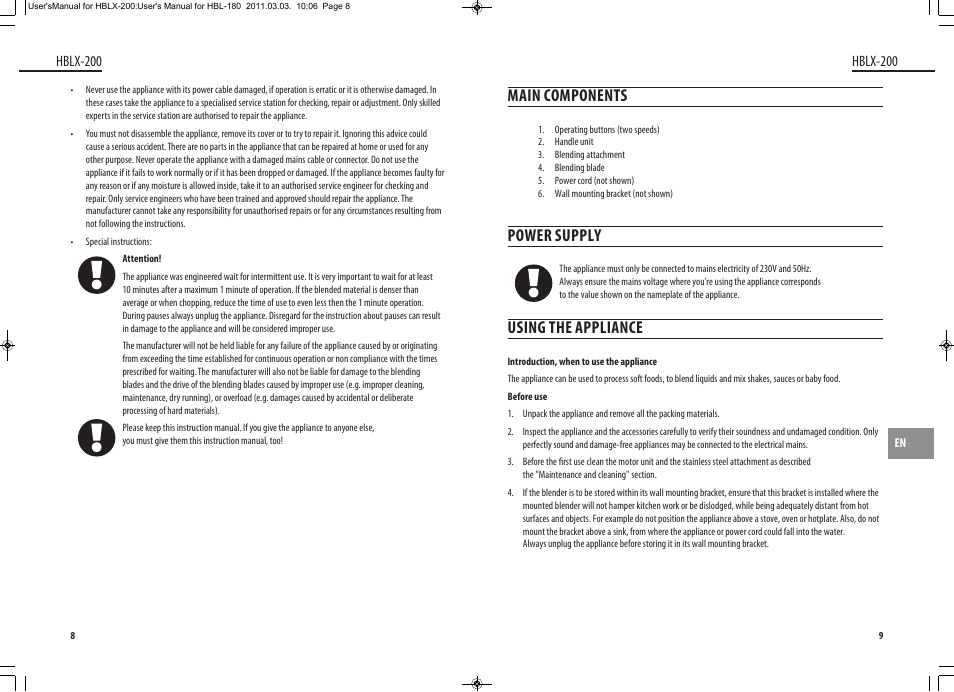 Main components, Power supply, Using the appliance | Hblx-200 | Dyras HBLX-200 User Manual | Page 5 / 29