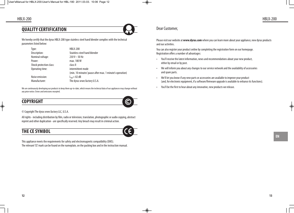 Quality certification, Copyright, The ce symbol | Dear customer, Hblx-200 | Dyras HBLX-200 User Manual | Page 7 / 29