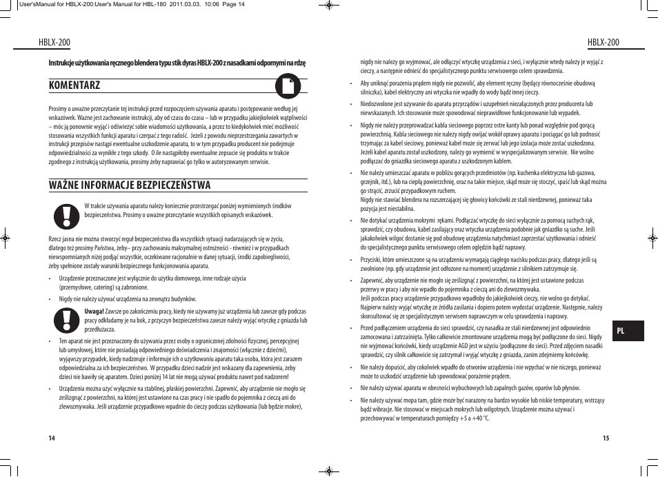 Komentarz, Ważne informacje bezpieczeństwa, Hblx-200 | Dyras HBLX-200 User Manual | Page 8 / 29