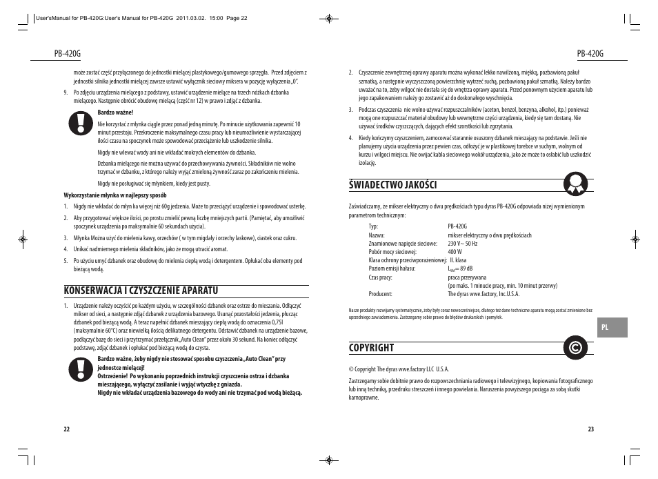 Świadectwo jakości, Copyright, Konserwacja i czyszczenie aparatu | Pb-420g | Dyras PB-420G User Manual | Page 12 / 29