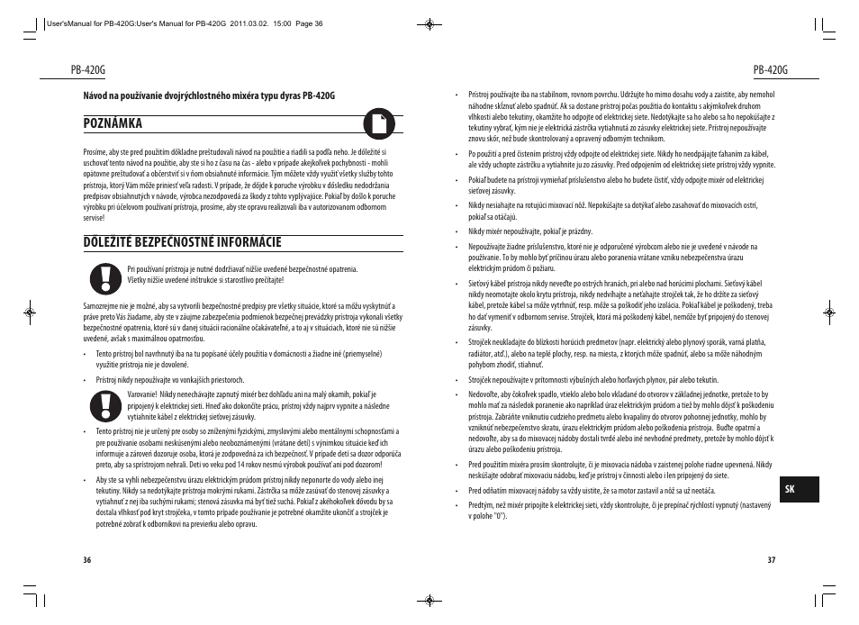 Poznámka, Dőležité bezpečnostné informácie, Pb-420g | Dyras PB-420G User Manual | Page 19 / 29