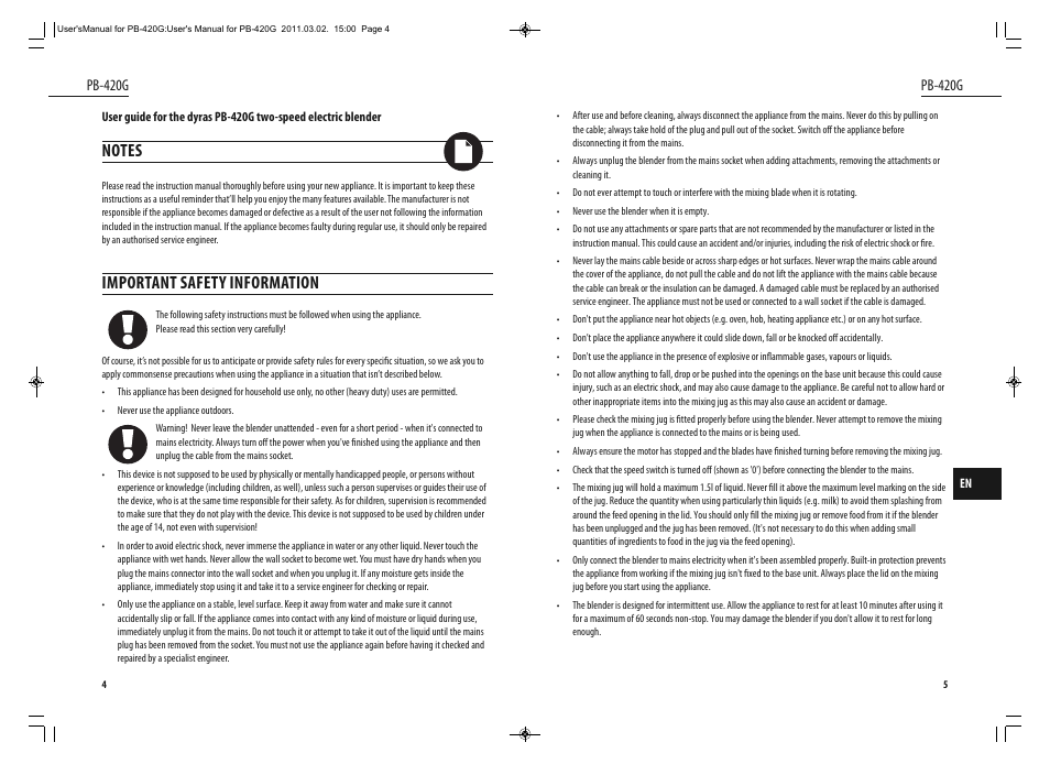Important safety information, Pb-420g | Dyras PB-420G User Manual | Page 3 / 29