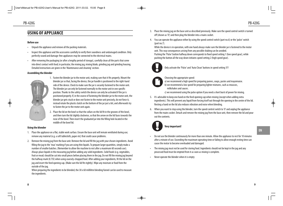 Using of appliance, Pb-420g | Dyras PB-420G User Manual | Page 5 / 29