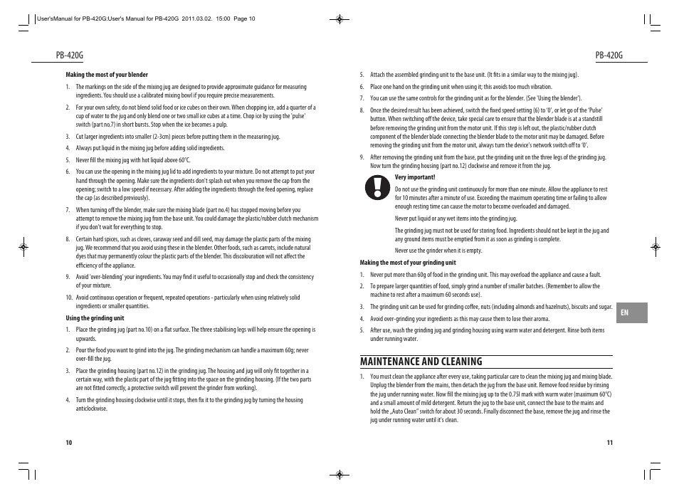 Maintenance and cleaning, Pb-420g | Dyras PB-420G User Manual | Page 6 / 29