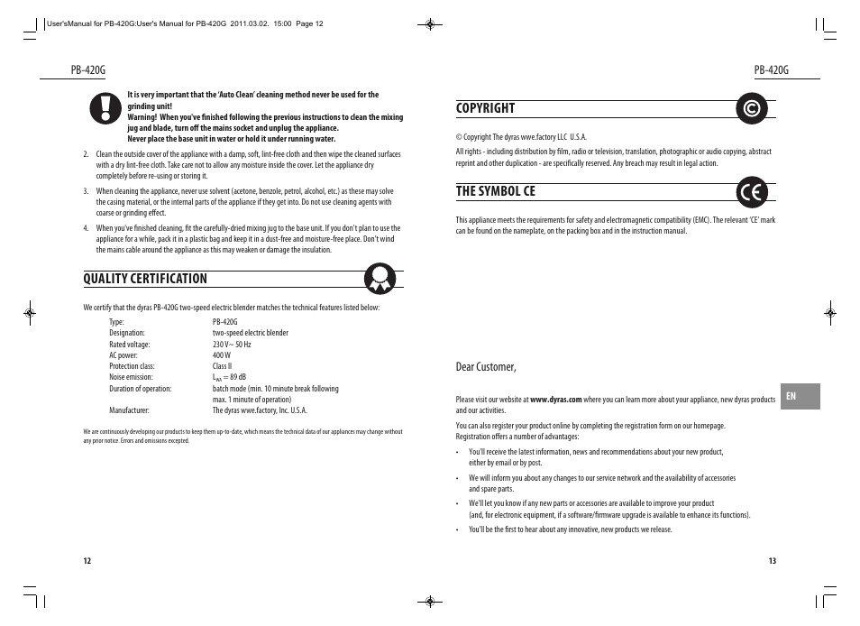 Copyright, The symbol ce, Quality certification | Dear customer, Pb-420g | Dyras PB-420G User Manual | Page 7 / 29