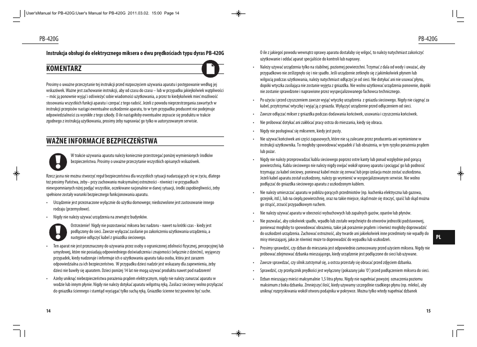 Komentarz, Ważne informacje bezpieczeństwa, Pb-420g | Dyras PB-420G User Manual | Page 8 / 29