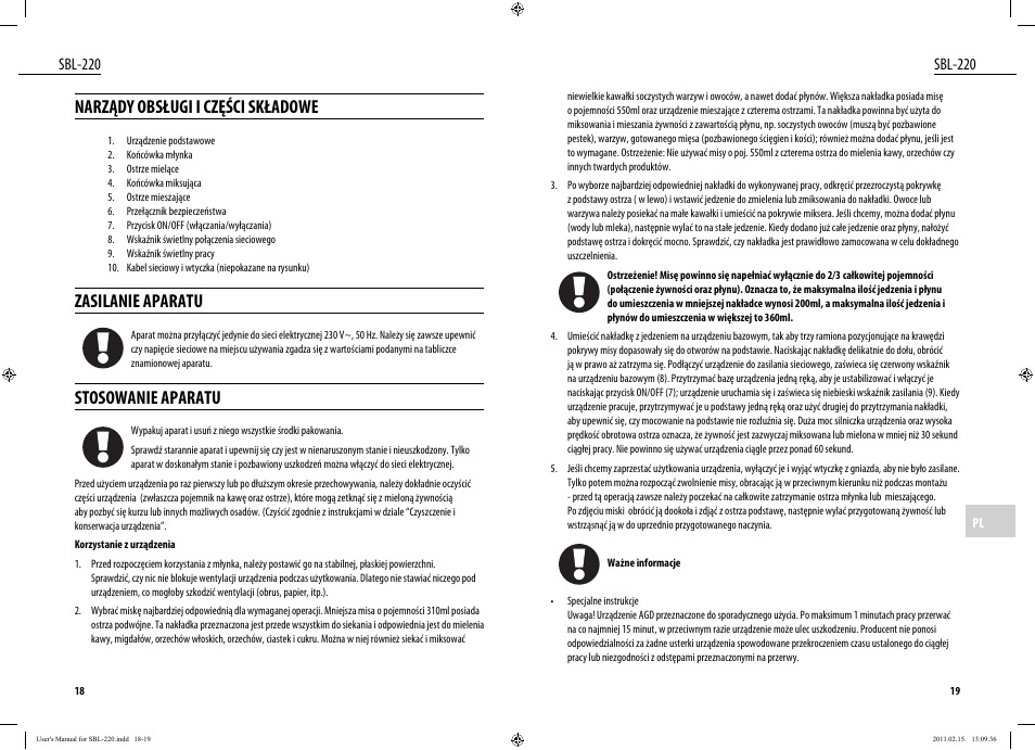 Narządy obsługi i części składowe, Zasilanie aparatu, Stosowanie aparatu | Sbl-220 | Dyras SBL-220 User Manual | Page 10 / 27