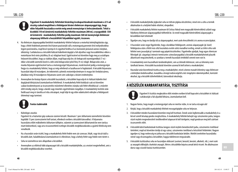 A készülék karbantartása, tisztítása, Sbl-220 | Dyras SBL-220 User Manual | Page 25 / 27