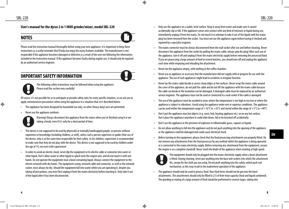 Important safety information, Sbl-220 | Dyras SBL-220 User Manual | Page 3 / 27