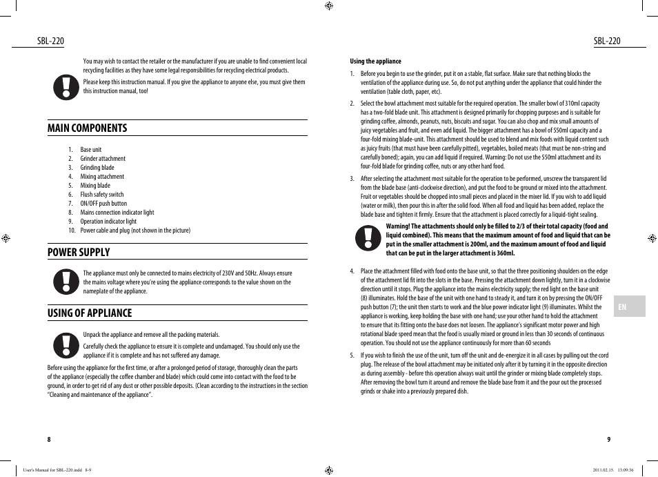 Main components, Power supply, Using of appliance | Sbl-220 | Dyras SBL-220 User Manual | Page 5 / 27