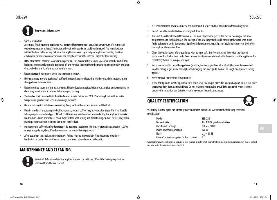 Quality certification, Maintenance and cleaning, Sbl-220 | Dyras SBL-220 User Manual | Page 6 / 27
