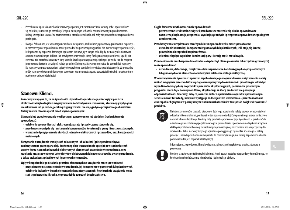 Szanowni klienci, Sbl-220 | Dyras SBL-220 User Manual | Page 9 / 27