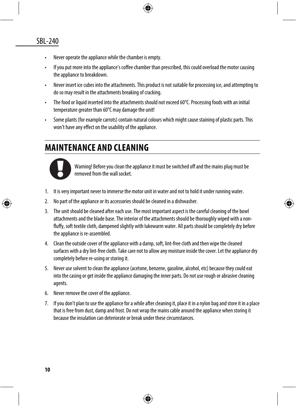 Maintenance and cleaning, Sbl-240 | Dyras SBL-240 User Manual | Page 10 / 53
