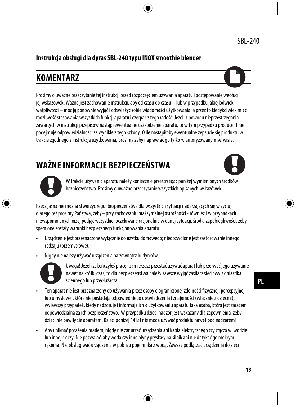 Komentarz, Ważne informacje bezpieczeństwa, Sbl-240 | Dyras SBL-240 User Manual | Page 13 / 53