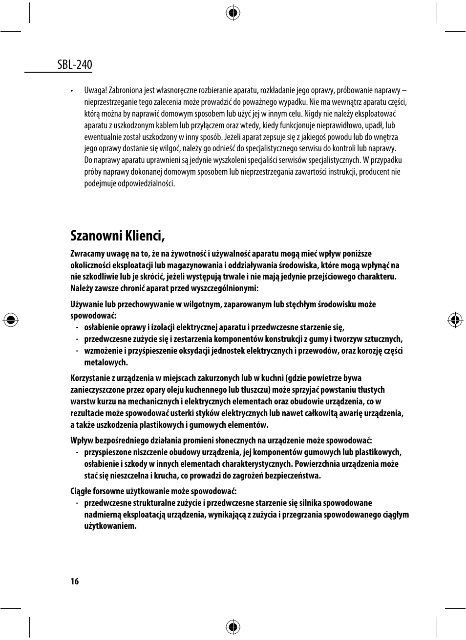 Szanowni klienci, Sbl-240 | Dyras SBL-240 User Manual | Page 16 / 53