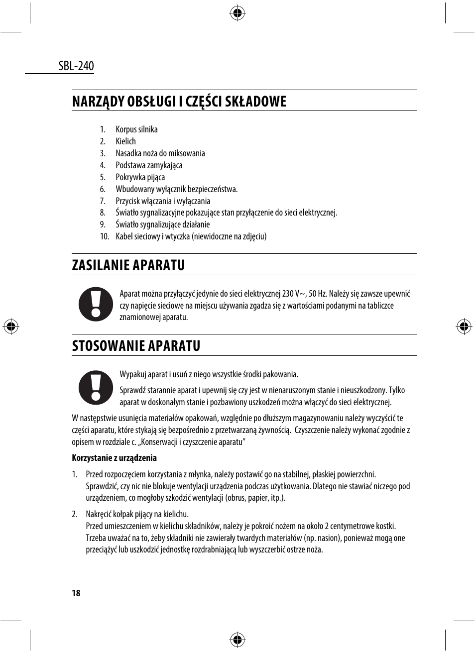 Narządy obsługi i części składowe, Zasilanie aparatu, Stosowanie aparatu | Sbl-240 | Dyras SBL-240 User Manual | Page 18 / 53