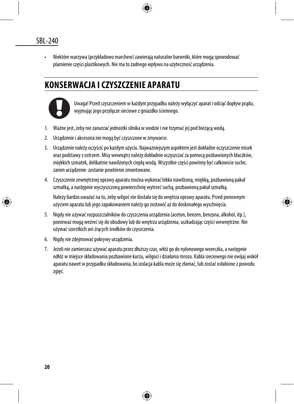 Konserwacja i czyszczenie aparatu, Sbl-240 | Dyras SBL-240 User Manual | Page 20 / 53