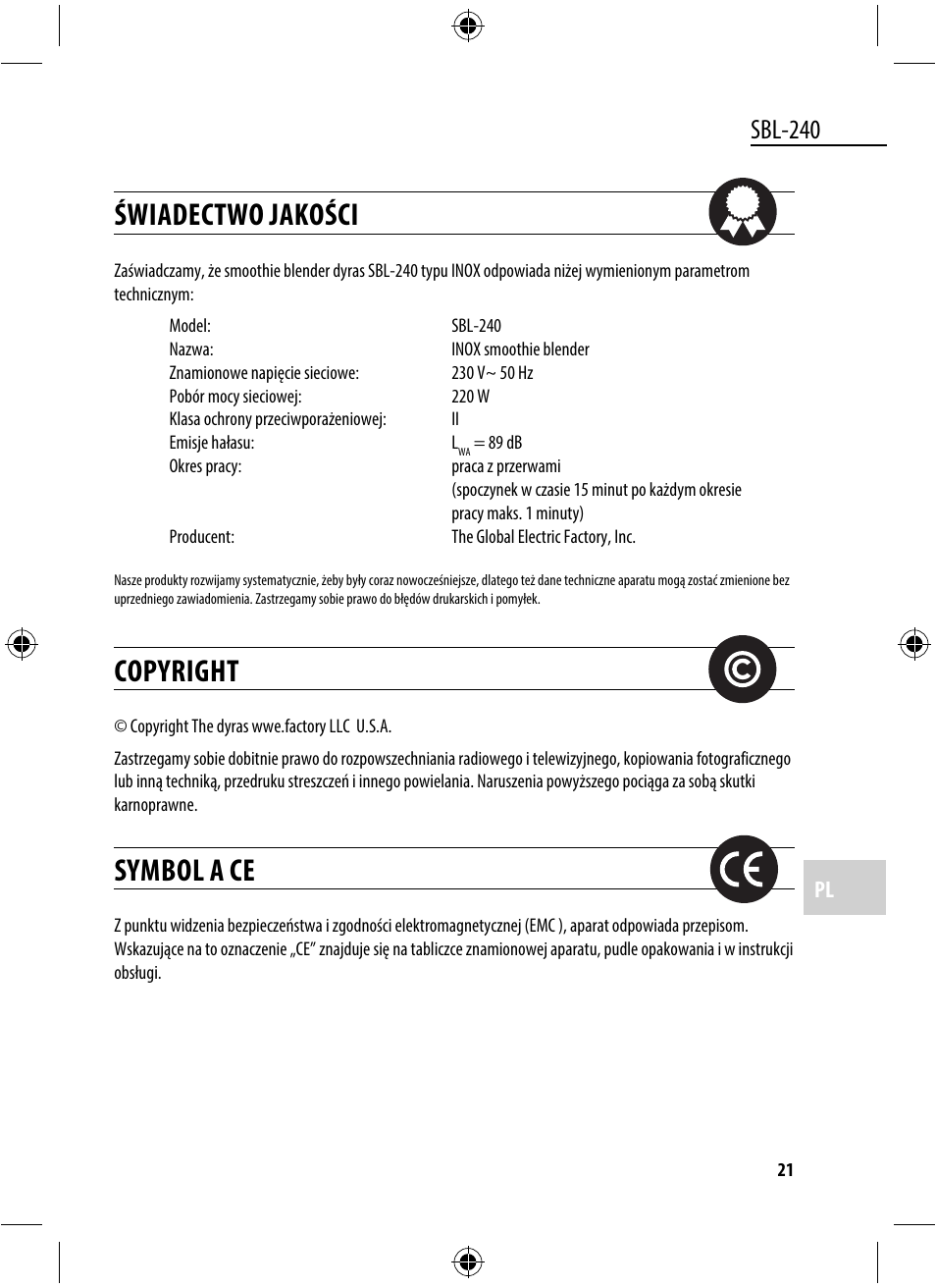 Świadectwo jakości, Copyright, Symbol a ce | Sbl-240 | Dyras SBL-240 User Manual | Page 21 / 53
