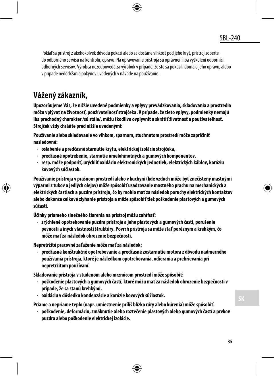 Vážený zákazník, Sbl-240 | Dyras SBL-240 User Manual | Page 35 / 53