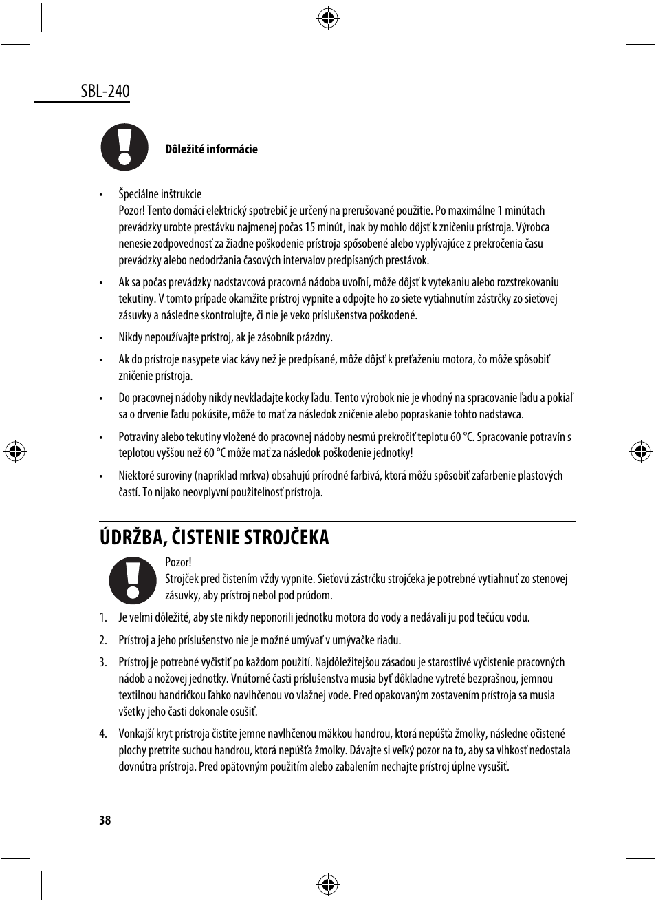 Údržba, čistenie strojčeka, Sbl-240 | Dyras SBL-240 User Manual | Page 38 / 53