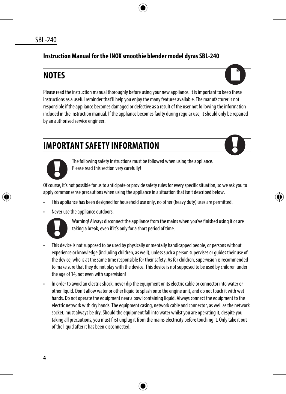 Important safety information, Sbl-240 | Dyras SBL-240 User Manual | Page 4 / 53