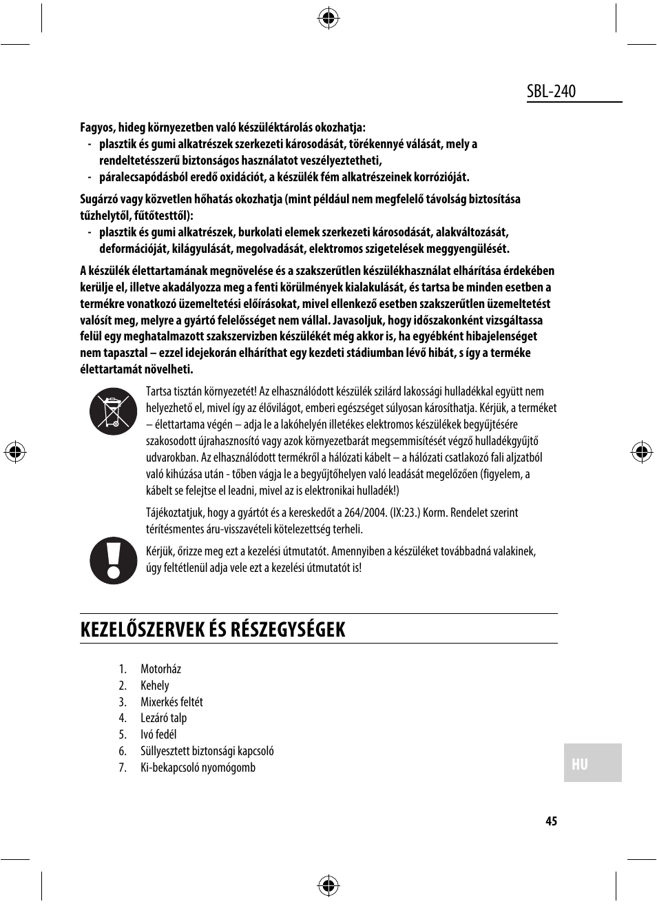 Kezelőszervek és részegységek, Sbl-240 | Dyras SBL-240 User Manual | Page 45 / 53