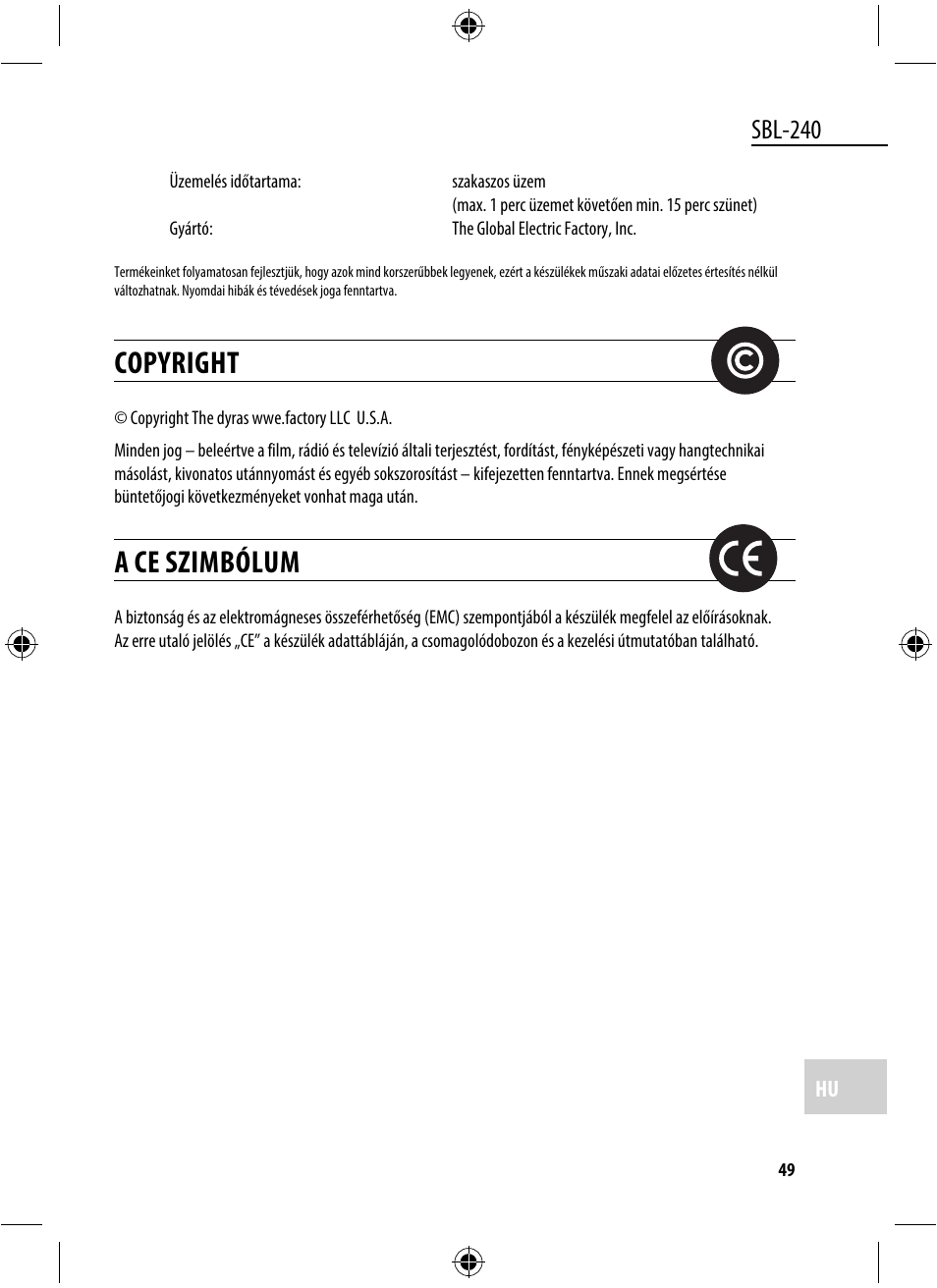 Copyright, A ce szimbólum, Sbl-240 | Dyras SBL-240 User Manual | Page 49 / 53