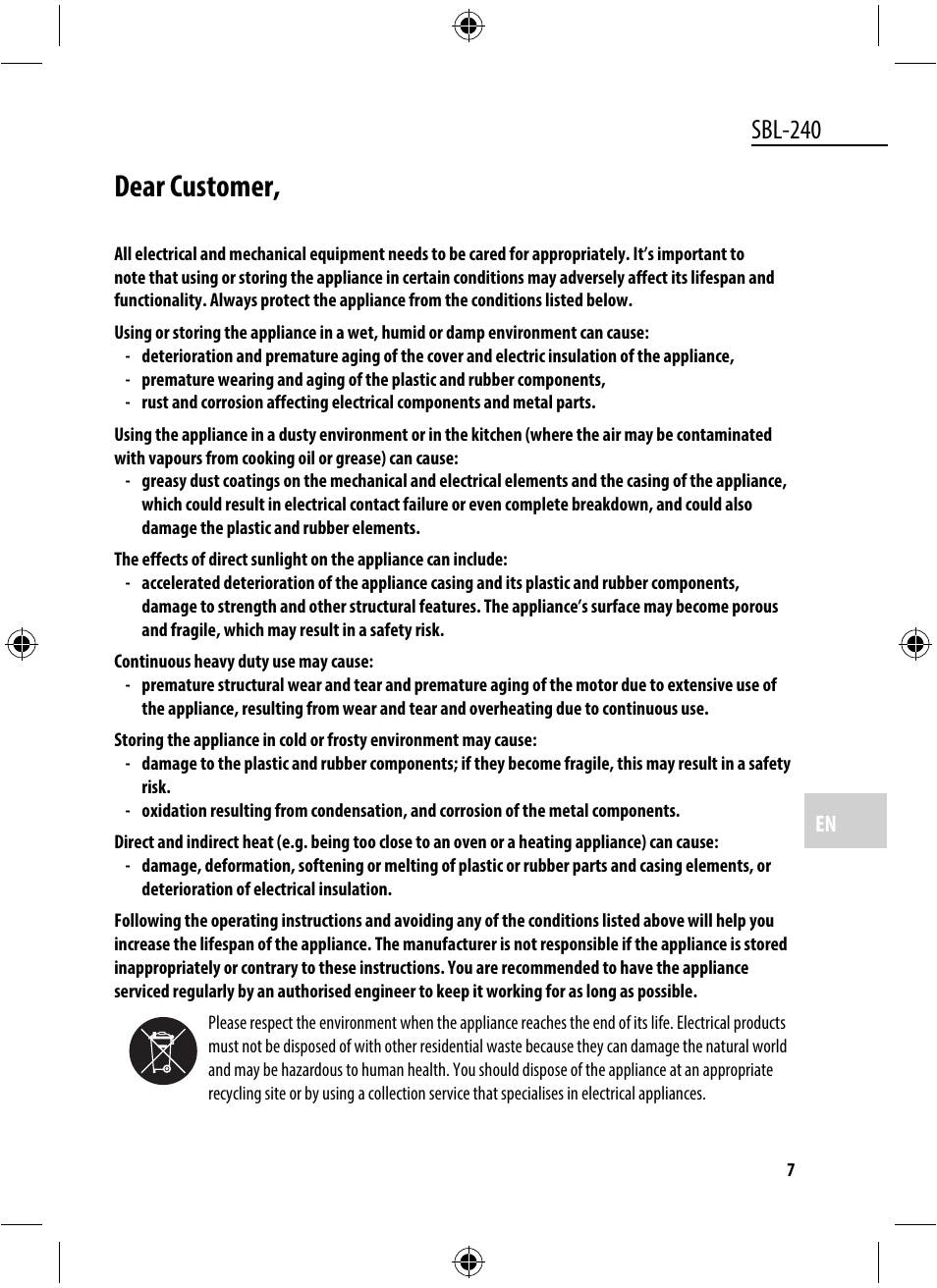 Dear customer, Sbl-240 | Dyras SBL-240 User Manual | Page 7 / 53