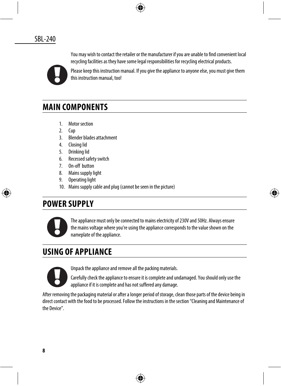 Main components, Power supply, Using of appliance | Sbl-240 | Dyras SBL-240 User Manual | Page 8 / 53